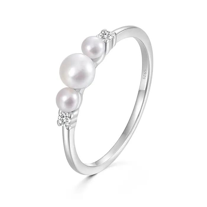 Bague en argent sterling 925 avec trois perles parfaitement rondes et zircone cubique pour femmes, bijou luxueux pour occasions spéciales, mariage, fiançailles, anniversaire et soirée