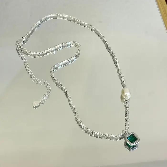 Collier de perles avec pendentif vert émeraude en argent Sterling 925 pour femmes