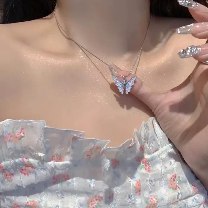 Collier papillon rose pour femme, personnalité à la mode, Style doux et Cool, chaîne en os de serpen