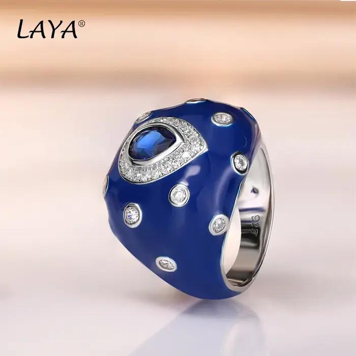 Laya-Boucles d'oreilles clip en émail bleu cristal synthétique pour femme