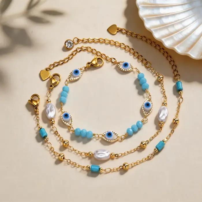 Bracelet Œil Turc En Acier Inoxydable Pour Femmes Perles Turquoises Chaîne De Maillons Protection Amulette Cadeau Occasions Spéciales