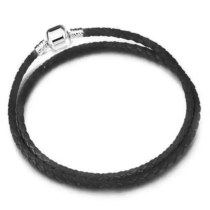 Bracelet en cuir avec perles rondes en argent pur S925