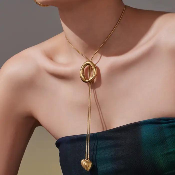 Collier avec pendentif en forme de cœur pour femmes, chaîne plaquée or en acier inoxydable, argent doré, réglable de 62cm de Long, bijoux à la mode