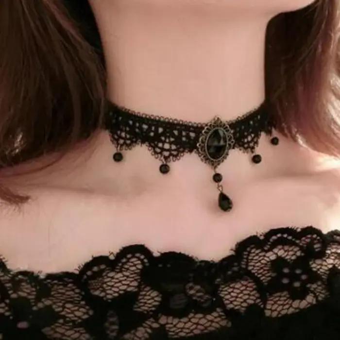 Nouveau Sexy gothique Sautoirs cristal noir dentelle cou collier ras du cou Vintage victorien femmes Chocker Steampunk bijoux