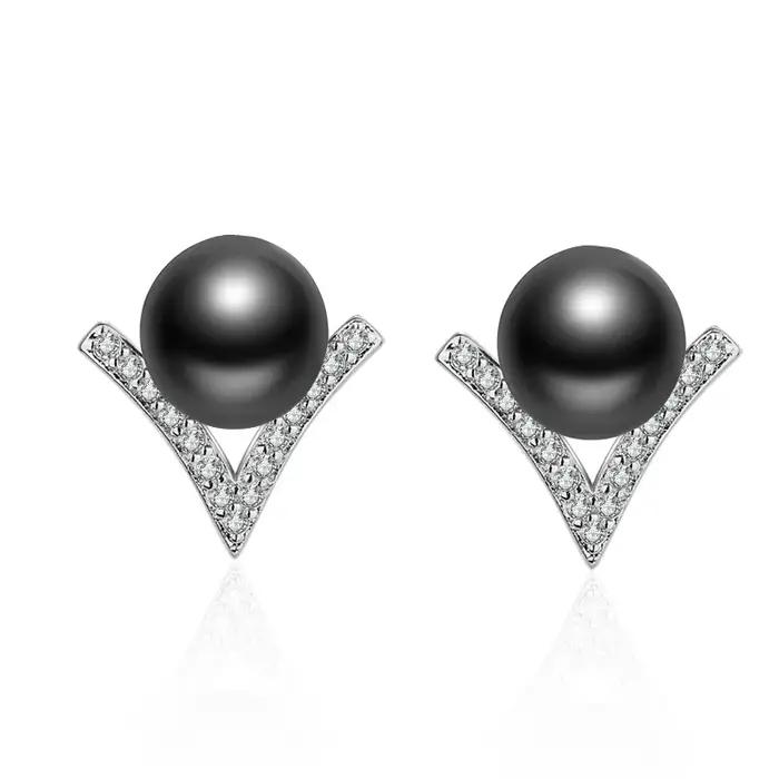 Boucles d'oreilles en argent sterling 925 avec perle noire pour femmes