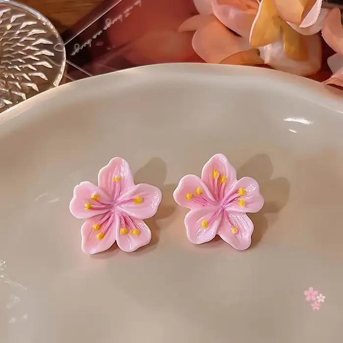 Boucle d'oreille en résine rose sans fleurs pour femme, clou de fleur de Sakura, accessoire de bijoux doux et mignon, cadeau de mariage pour fille, géométrie