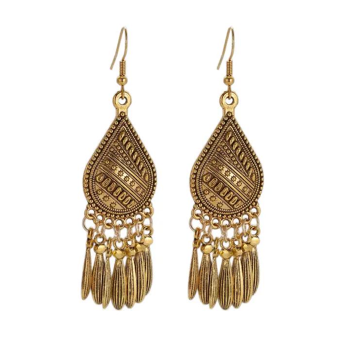 Boucles d'Oreilles Rétro en Or Ethnique, Métal, Fleur, Carimplantées, Rondes Creuses, Pompon, Penden