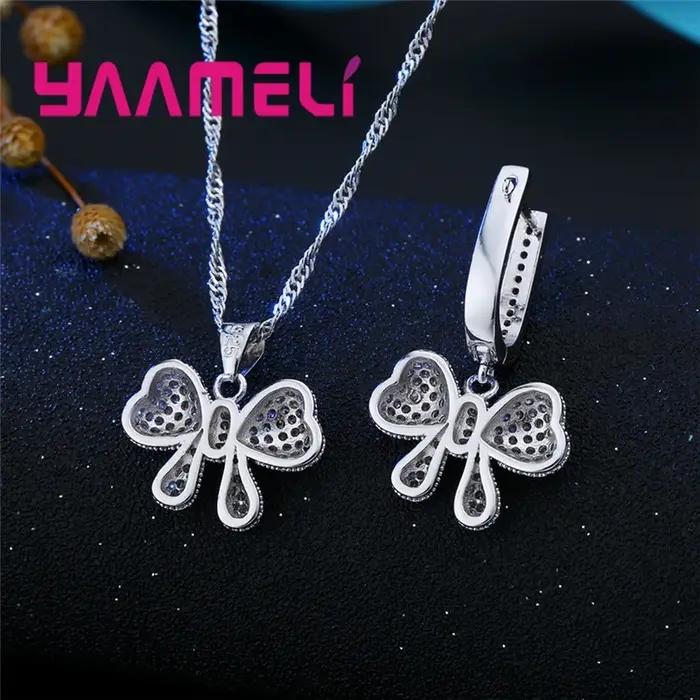 Ensemble de bijoux en argent regardé 925 avec nœud papillon en cristal pour femmes