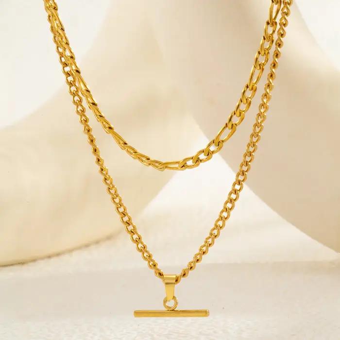 Collier superposé pour femme minimaliste empilable - Plaqué or 18 carats en acier inoxydable hypoallergénique élégant double chaîne bijoux