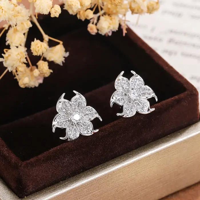 Charmante fleur 925 argent plaqué boucle d'oreille pour les femmes pavé brillant clair CZ mariage fiançailles bijoux déclaration accessoires