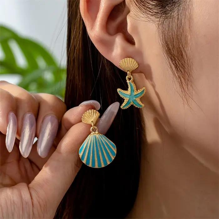 Boucles d'oreilles tendance en forme de coquillage et d'étoile de mer pour femmes, élégantes, imitat