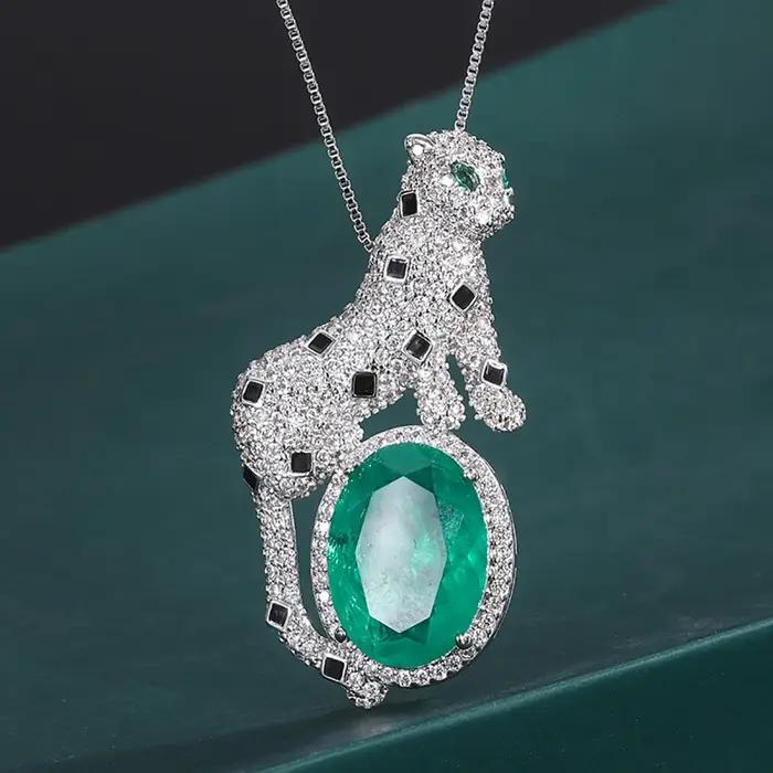 Collier pendentif léopard en pierre émeraude pour femme, diamant de laboratoire, cocktail, bijoux fi