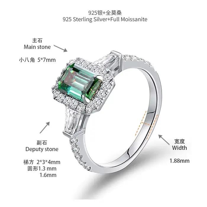 Bague en argent regardé S925 pour femme, diamant Moissanite complet, document D émeraude, plaqué or 18 carats, bijoux fins pour femme
