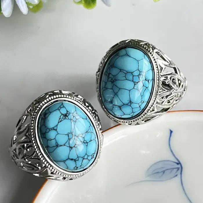 Bague en turquoise naturelle réglable pour homme et femme bijou vintage design rétro pour occasions spéciales et fêtes