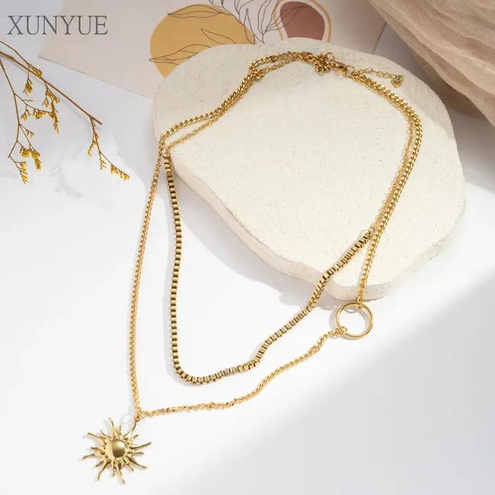 XUNYUE – collier avec pendentif grand soleil exagéré, tendance, Double couche, chaîne en os de serpe