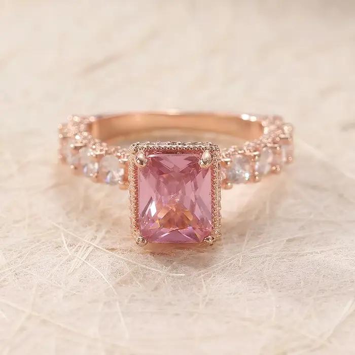 Bague élégante incrustée de zircone synthétique rose carrée pour femme, accessoires de bijoux classi