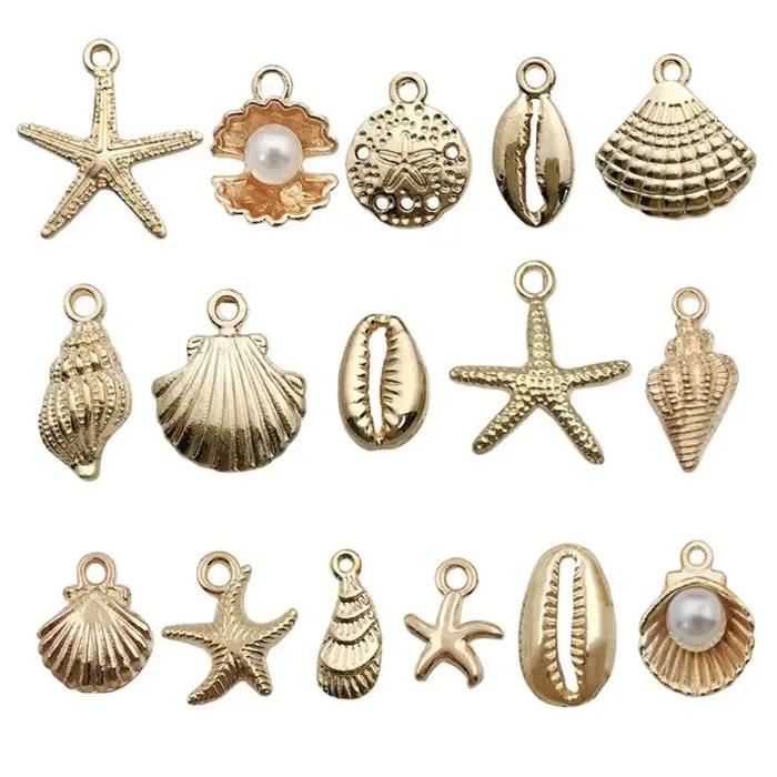 Nouveau 16 pièces couleur or océan coquille conque étoile de mer breloques pour la fabrication de bijoux collier porte-clés chaîne de téléphone bricolage matériaux Colorfast