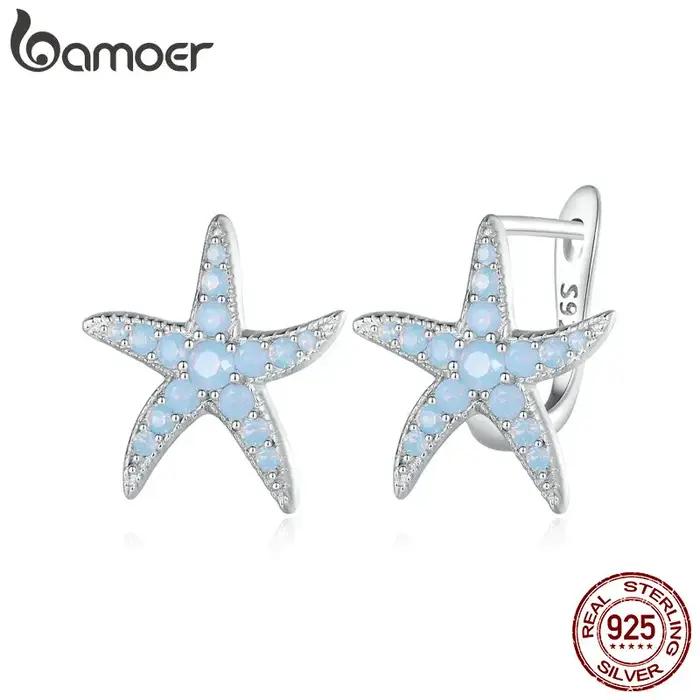 Bamoer-Boucles d'oreilles en argent regardé 925 pour femme, opale bleue, étoile de mer, délicat, bij