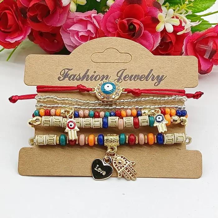 Ensemble de bracelets main de Fatima pour femme, mauvais œil, breloque coeur, perles, UL, bijoux boh