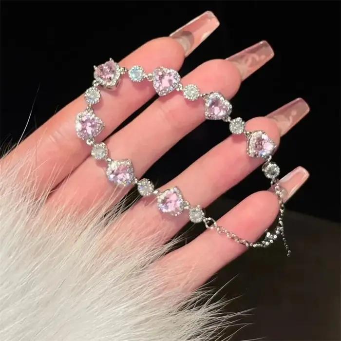 Bracelet de luxe en forme de cœur en pierre rose pour petite amie