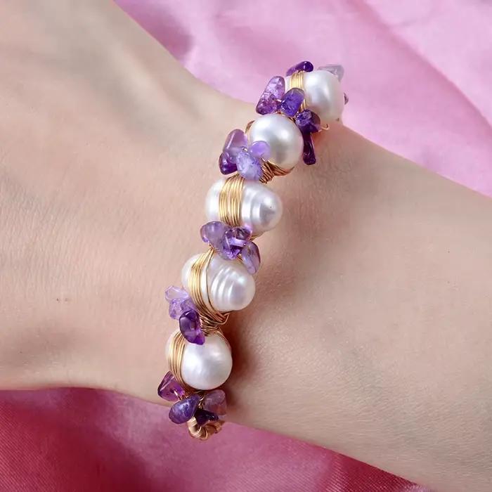 Bracelet en perles d'eau douce 100% naturelles et cristal violet