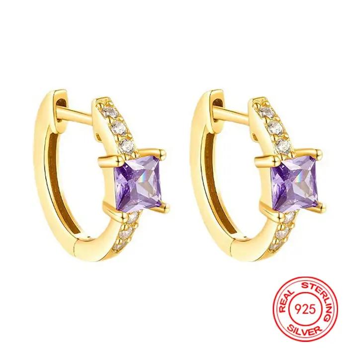 Boucles d'oreilles créoles en argent Sterling 925, améthyste de 15mm, bijoux à la mode pour femmes