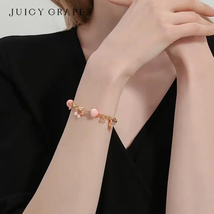 JUICY GRAPE-Bracelet Délicat pour Femme, Pêche à l'Eau et Fleurs, Bijoux Fins Réglables, Design en Émail Fait à la Main, Cadeau Parfait