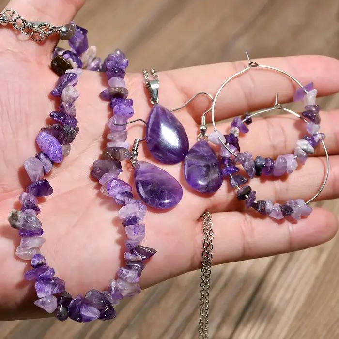 Ensemble de boucles d'oreilles et collier en améthyste en pierre naturelle