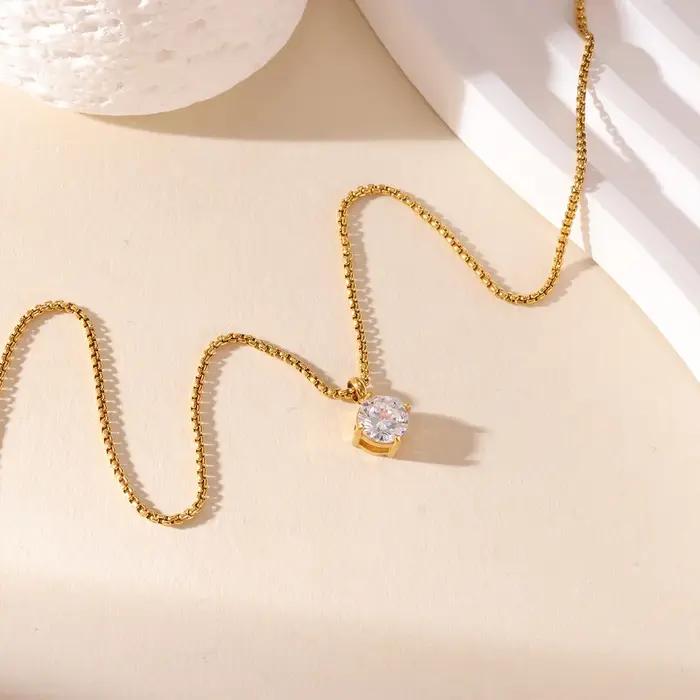 Collier pendentif solitaire en acier inoxydable – Bijoux minimalistes incrustés de cristal doré/argent pour femmes