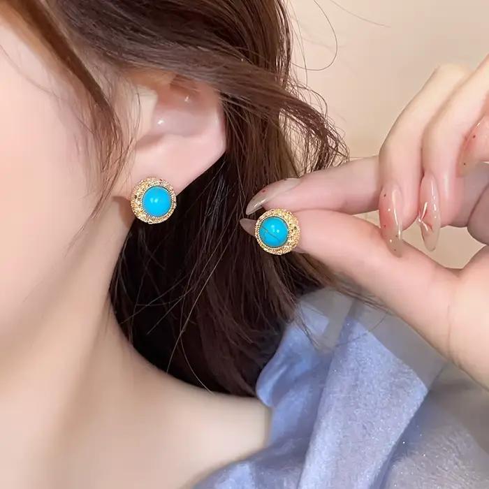 Boucles d'oreilles rondes rétro Turquoise 2025, bijoux avec bordure couleur or, accessoires inhabituels pour fête de mariage pour femmes et filles, cadeaux polyvalents