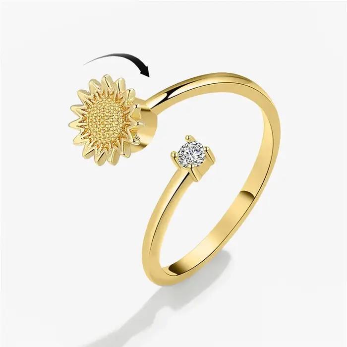 Bague anti-stress de luxe en forme de papillon et tournesol pour femme, avec fleur en cristal, bijou