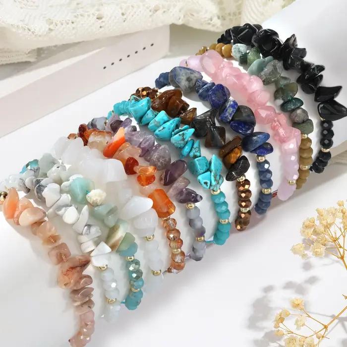 Ensemble de bracelets extensibles tissés en pierre naturelle irrégulière