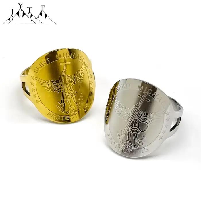 Saint Michael nous protéger anneaux pour femmes hommes acier inoxydable or argent couleur religieux amulette bague bijoux cadeau anillo