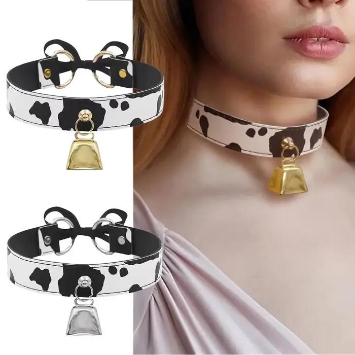 Collier ras du cou en cuir Sexy pour femmes, imprimé vache, cloche réglable