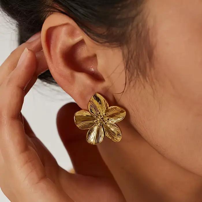 Nouvelles Grandes Boucles d'Oreilles Fleur Vintage en Métal Doré 2026 pour Femme, Bijoux Tendance Fl