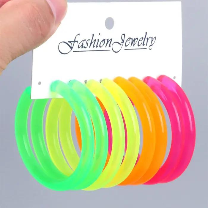 4 paires/ensemble couleur néon acrylique boucles d'oreilles ensemble pour femmes Rock Punk Fluorescent grands cerceaux ronds boucle d'oreille bijoux de fête cadeaux