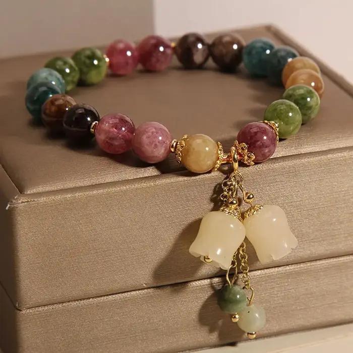 Bracelet en Pierre Naturelle Colorée pour Femme et Fille, Bijou Mignon et Doux avec Pendentif en For