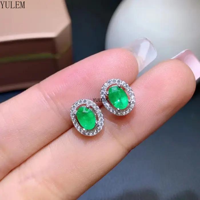 Boucles d'oreilles en argent sterling 925 et émeraude naturelle ovale pour femmes occasions spéciales élégantes