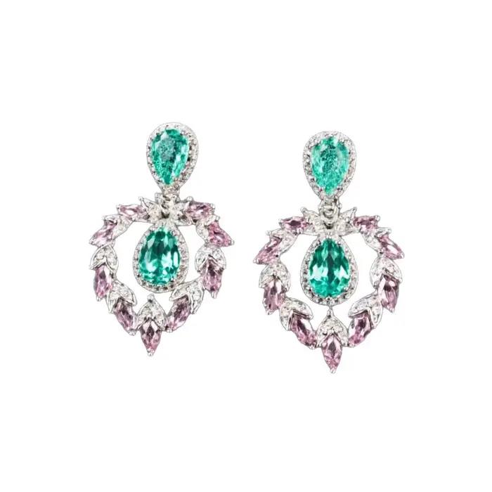 Parure de bijoux rose et vert de luxe léger, collier et boucles d'oreilles élégants, pour mariée, robe de soirée, cadeau pour femme