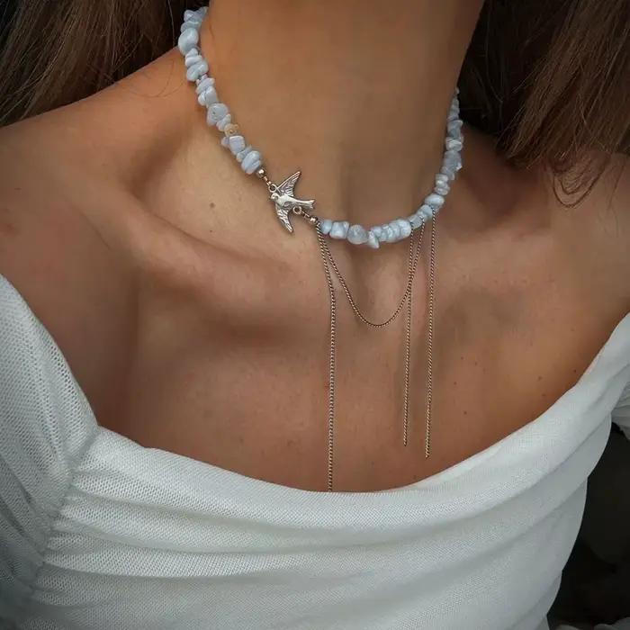 Collier élégant avec pendentif en chaîne à pampilles multicouches pour femmes, Vintage, créatif, pierre bleue naturelle, ras du cou, bijoux de mariage