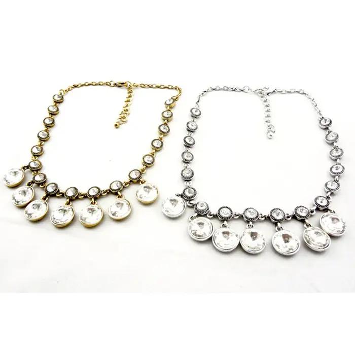 Collier pendentif rond en cristal de couleur or et argent rétro pour femmes