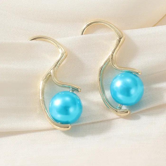 Boucles d'oreilles pendantes irrégulières tendance couleur or pour femmes, avec perles bleues, légèr