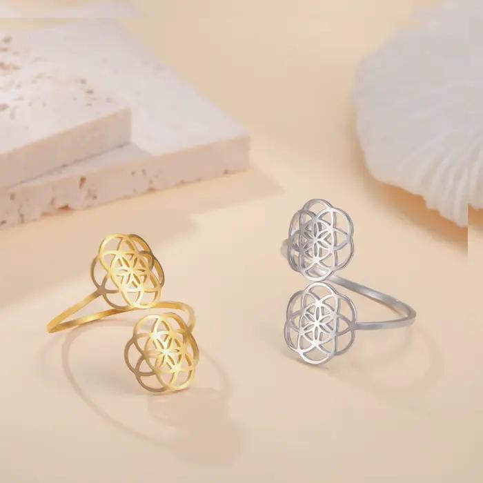 Teamer fleur de vie clair Zircon femmes anneaux réglable en acier inoxydable anneaux ouverts amulette géométrie sacrée bijoux cadeau