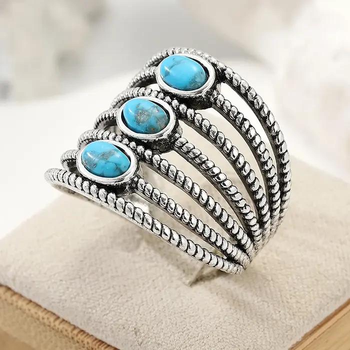 Bague bohème pour femme en imitation turquoise incrustée
