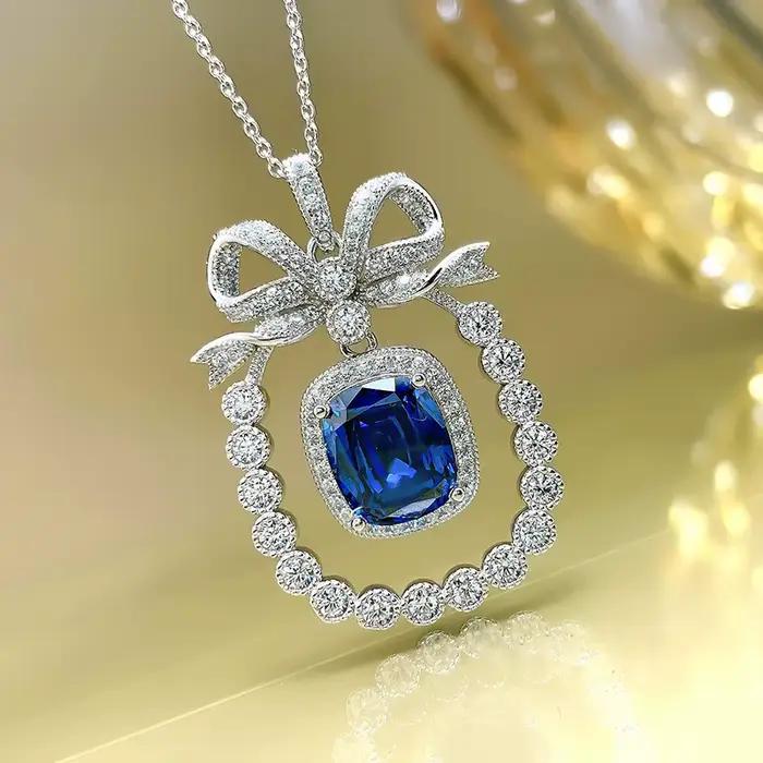 Collier nœud papillon en argent regardé 925 pour femme, saphir de laboratoire, pendentif complet de diamants, bijoux de mariage classiques, élégant