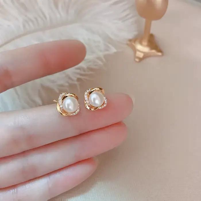 Bijoux haut de gamme en or 14 carats boucles d'oreilles en or véritable Zircon perle torsion