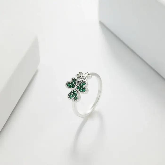 Bague en argent sterling 925 avec trèfle vert et blanc