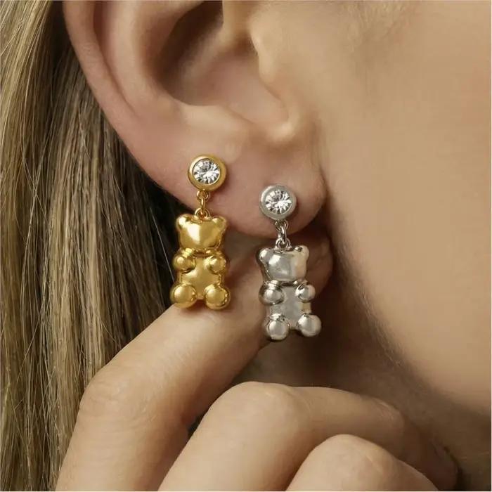 Boucles d'oreilles pendantes en forme d'ours en acier inoxydable plaqué or avec zircon cubique pour femmes pour diverses occasions