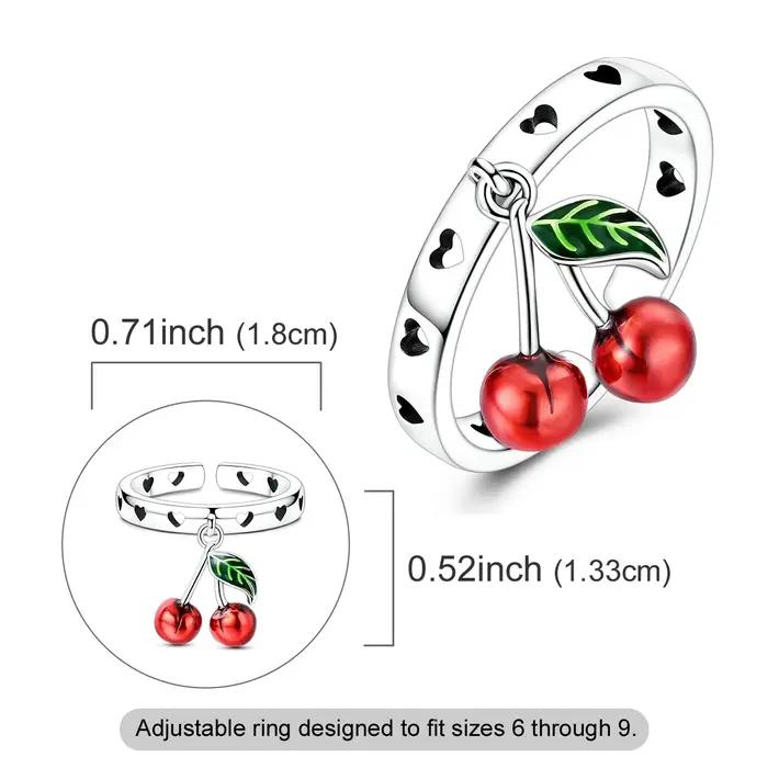 Bague ouverte en argent sterling 925 avec cerise mignonne et cœur en émail rouge