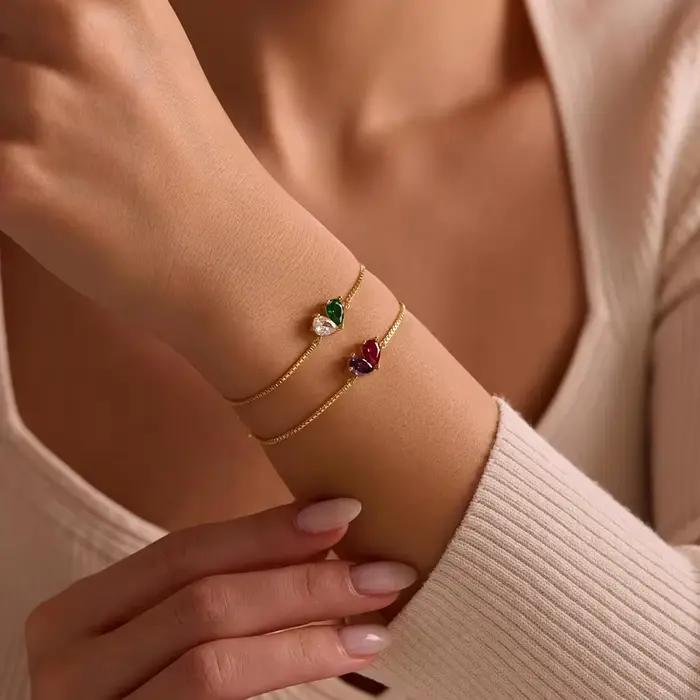 Bracelet personnalisé en pierre de naissance en forme de cœur, 2 pierres de naissance, bijoux mère et fille, cadeau de fête des mères, chaîne de boîte en acier inoxydable